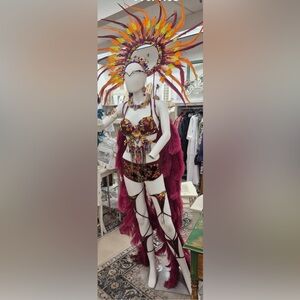 Carnival Feather Headdress and Bikini Set - Burgundy & Orange Size 8-10
